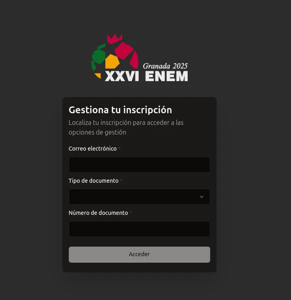 Interfaz de cambio de inscripción, con una campo para indicar el correo electrónico, otro para el tipo de documento y un último para el número de documento