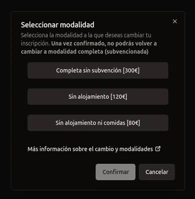 Interfaz de cambio de inscripción, con una campo para indicar el correo electrónico, otro para el tipo de documento y un último para el número de documento
